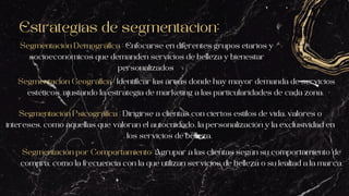 Estrategias de segmentacion:
Segmentación Demográfica : Enfocarse en diferentes grupos etarios y
socioeconómicos que demanden servicios de belleza y bienestar
personalizados
Segmentación Geográfica : Identificar las áreas donde hay mayor demanda de servicios
estéticos, ajustando la estrategia de marketing a las particularidades de cada zona.
Segmentación Psicográfica : Dirigirse a clientas con ciertos estilos de vida, valores o
intereses, como aquellas que valoran el autocuidado, la personalización y la exclusividad en
los servicios de belleza.
Segmentación por Comportamiento: Agrupar a las clientas según su comportamiento de
compra, como la frecuencia con la que utilizan servicios de belleza o su lealtad a la marca.
 