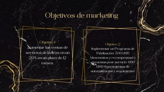 Objetivos de marketing
Objetivo 1:
Aumentar las ventas de
servicios de belleza en un
20% en un plazo de 12
meses.
Objetivo 2:
Implementar un Programa de
Fidelización: 300 USD
(descuentos y recompensas) y
encuestas post-servicio: 600
USD (herramientas de
automatización y seguimiento).
 