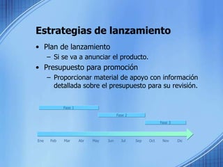 Estrategias de lanzamiento
• Plan de lanzamiento
– Si se va a anunciar el producto.
• Presupuesto para promoción
– Proporcionar material de apoyo con información
detallada sobre el presupuesto para su revisión.
Ene Feb Mar Abr May Jun Jul Sep Oct Nov Dic
Fase 1
Fase 2
Fase 3
 