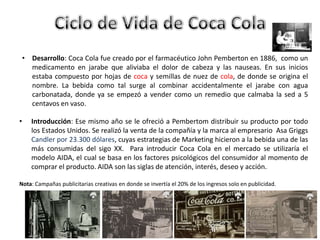 • Desarrollo: Coca Cola fue creado por el farmacéutico John Pemberton en 1886, como un
medicamento en jarabe que aliviaba el dolor de cabeza y las nauseas. En sus inicios
estaba compuesto por hojas de coca y semillas de nuez de cola, de donde se origina el
nombre. La bebida como tal surge al combinar accidentalmente el jarabe con agua
carbonatada, donde ya se empezó a vender como un remedio que calmaba la sed a 5
centavos en vaso.
• Introducción: Ese mismo año se le ofreció a Pembertom distribuir su producto por todo
los Estados Unidos. Se realizó la venta de la compañía y la marca al empresario Asa Griggs
Candler por 23.300 dólares, cuyas estrategias de Marketing hicieron a la bebida una de las
más consumidas del sigo XX. Para introducir Coca Cola en el mercado se utilizaría el
modelo AIDA, el cual se basa en los factores psicológicos del consumidor al momento de
comprar el producto. AIDA son las siglas de atención, interés, deseo y acción.
Nota: Campañas publicitarias creativas en donde se invertía el 20% de los ingresos solo en publicidad.
 