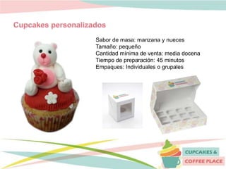 Sabor de masa: manzana y nueces
Tamaño: pequeño
Cantidad mínima de venta: media docena
Tiempo de preparación: 45 minutos
Empaques: Individuales o grupales
 