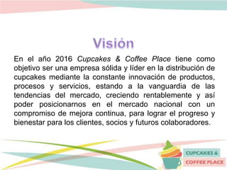 En el año 2016 Cupcakes & Coffee Place tiene como
objetivo ser una empresa sólida y líder en la distribución de
cupcakes mediante la constante innovación de productos,
procesos y servicios, estando a la vanguardia de las
tendencias del mercado, creciendo rentablemente y así
poder posicionarnos en el mercado nacional con un
compromiso de mejora continua, para lograr el progreso y
bienestar para los clientes, socios y futuros colaboradores.
 