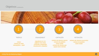 vining Plan de Marketing Digital 10
visitas
tiempo de visita
demográﬁco - edad
Objetivos cuantitativos
1
TRÁFICO
2
ENGAGEMENT
3
CAPTACIÓN
4
RETENCIÓN
seguidores en rrss
páginas mas vistas
contenido compartido
visualización campañas
número de clientes nuevos
número de pedidos
ticket medio
número de clientes que
captan otros clientes
número de clientes recurrentes
número de pedidos
ticket medio
 