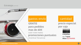 vining Plan de Marketing Digital 15
Estrategia promoción
precio especial
por caja
(subir ticket medio)
cantidadgastos envío
GRATIS
para pedidos
mas de 60€
6 botellas
Antes 7 euros
Ahora 5,5 euros
promociones puntuales
(incentivar frecuencia)
 