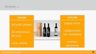 vining Plan de Marketing Digital 16
ONLINE OFFLINE
popup store
!
colaboración
con hostelería
!
eventos
partywine
almacén propio
!
20 referencias
de vino
!
catas online
Estrategia canal
 