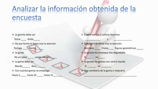  La gomita debe ser
Dulce ____ Acida_____
 De que forma le llama mas la atención
Tortuga ____ Ranita______
 Le gusta
De un sabor _____ varios sabores_____
 La goma debe ser
Blanda______ dura_______
 Con cuantas gomas se empalaga
Hasta 5_____ hasta 10 _____ hasta 15_______
 Cuales son sus 2 colores favoritos
____________ y ______________
 Que figura le llama mas la atención
Animales_____ Frutas____ Figuras geométricas _____
 Le gustan los empaque bio-degradable
Si_____ no_____
 Le gustan las gomas con centro liquido
Si _______ no ________
 Que cambiaria de la goma o mejoraría
________________________________________
 