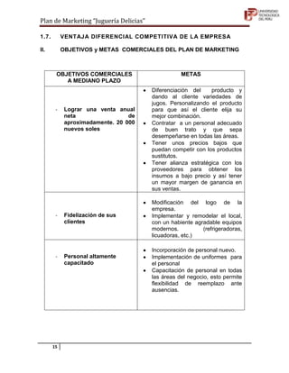 Plan de Marketing “Juguería Delicias”

1.7.        VENTAJA DIFERENCIAL COMPETITIVA DE LA EMPRESA

II.         OBJETIVOS y ...
