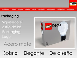 Distribución Plan de ventasComunicación ConclusionesPrecioProductoEstrategiaIntroducción Análisis
Packaging
Siguiendo el
estilo de los
Packaging
Lego
Sobrio Elegante De diseño
Acero mate
 