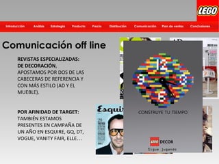 Distribución Plan de ventasComunicación ConclusionesPrecioProductoEstrategiaIntroducción Análisis
Comunicación off line
REVISTAS ESPECIALIZADAS:
DE DECORACIÓN,
APOSTAMOS POR DOS DE LAS
CABECERAS DE REFERENCIA Y
CON MÁS ESTILO (AD Y EL
MUEBLE).
POR AFINIDAD DE TARGET:
TAMBIÉN ESTAMOS
PRESENTES EN CAMPAÑA DE
UN AÑO EN ESQUIRE, GQ, DT,
VOGUE, VANITY FAIR, ELLE…
 