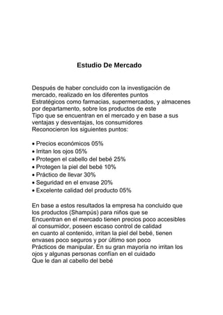 Estudio De Mercado
Después de haber concluido con la investigación de
mercado, realizado en los diferentes puntos
Estratégicos como farmacias, supermercados, y almacenes
por departamento, sobre los productos de este
Tipo que se encuentran en el mercado y en base a sus
ventajas y desventajas, los consumidores
Reconocieron los siguientes puntos:
• Precios económicos 05%
• Irritan los ojos 05%
• Protegen el cabello del bebé 25%
• Protegen la piel del bebé 10%
• Práctico de llevar 30%
• Seguridad en el envase 20%
• Excelente calidad del producto 05%
En base a estos resultados la empresa ha concluido que
los productos (Shampús) para niños que se
Encuentran en el mercado tienen precios poco accesibles
al consumidor, poseen escaso control de calidad
en cuanto al contenido, irritan la piel del bebé, tienen
envases poco seguros y por último son poco
Prácticos de manipular. En su gran mayoría no irritan los
ojos y algunas personas confían en el cuidado
Que le dan al cabello del bebé
 