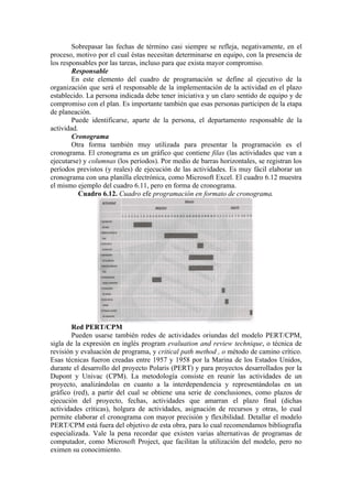 Sobrepasar las fechas de término casi siempre se refleja, negativamente, en el
proceso, motivo por el cual éstas necesitan determinarse en equipo, con la presencia de
los responsables por las tareas, incluso para que exista mayor compromiso.
        Responsable
        En este elemento del cuadro de programación se define al ejecutivo de la
organización que será el responsable de la implementación de la actividad en el plazo
establecido. La persona indicada debe tener iniciativa y un claro sentido de equipo y de
compromiso con el plan. Es importante también que esas personas participen de la etapa
de planeación.
        Puede identificarse, aparte de la persona, el departamento responsable de la
actividad.
        Cronograma
        Otra forma también muy utilizada para presentar la programación es el
cronograma. El cronograma es un gráfico que contiene filas (las actividades que van a
ejecutarse) y columnas (los períodos). Por medio de barras horizontales, se registran los
períodos previstos (y reales) de ejecución de las actividades. Es muy fácil elaborar un
cronograma con una planilla electrónica, como Microsoft Excel. El cuadro 6.12 muestra
el mismo ejemplo del cuadro 6.11, pero en forma de cronograma.
          Cuadro 6.12. Cuadro efe programación en formato de cronograma.




        Red PERT/CPM
        Pueden usarse también redes de actividades oriundas del modelo PERT/CPM,
sigla de la expresión en inglés program evaluation and review technique, o técnica de
revisión y evaluación de programa, y critical path method , o método de camino crítico.
Esas técnicas fueron creadas entre 1957 y 1958 por la Marina de los Estados Unidos,
durante el desarrollo del proyecto Polaris (PERT) y para proyectos desarrollados por la
Dupont y Univac (CPM). La metodología consiste en reunir las actividades de un
proyecto, analizándolas en cuanto a la interdependencia y representándolas en un
gráfico (red), a partir del cual se obtiene una serie de conclusiones, como plazos de
ejecución del proyecto, fechas, actividades que amarran el plazo final (dichas
actividades críticas), holgura de actividades, asignación de recursos y otras, lo cual
permite elaborar el cronograma con mayor precisión y flexibilidad. Detallar el modelo
PERT/CPM está fuera del objetivo de esta obra, para lo cual recomendamos bibliografía
especializada. Vale la pena recordar que existen varias alternativas de programas de
computador, como Microsoft Project, que facilitan la utilización del modelo, pero no
eximen su conocimiento.
 