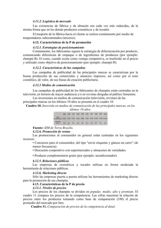 4.11.2. Logística de mercado
        Las existencias de fábrica y de almacén son cada vez más reducidas, de la
misma forma que en los demás productos cosméticos y de tocador.
        El trasporte de la fábrica hacia el cliente se realiza comúnmente por medio de
trasportadores subcontratados (terceros).
        4.12. Características de la P de promoción
        4.12.1. Estrategias de posicionamiento
        Comúnmente, los fabricantes siguen la estrategia de diferenciación por producto,
comunicando diferencias de empaque o de ingredientes de productos (por ejemplo:
champú B). El costo, cuando existe como ventaja competitiva, es trasferido en el precio
y utilizado como objetivo de posicionamiento (por ejemplo: champú D).
       4.12.2. Características de las campañas
      Las campañas de publicidad de las principales marcas se caracterizan por la
buena producción de sus comerciales y anuncios impresos, así como por el tono
cosmético, de valor, de sus líneas de creación publicitaria.
       4.12.3 Medios de comunicación
        Las campañas de publicidad de los fabricantes de champús están centradas en la
televisión, en horario de mayor audiencia y/o en revistas dirigidas al público femenino.
        Las inversiones en medios de comunicación (televisión, revistas) de las
principales marcas en los últimos 10 años se presenta en el cuadro 10.
   Cuadro 10. Inversión en medios de comunicación de las principales marcas, en los
                                    últimos 10 años.




       Fuente: SIM de Terra Brasilis.
       4.12.4. Promoción de ventas
       Las promociones al consumidor en general están centradas en los siguientes
recursos:
       • Concursos para el consumidor, del tipo "envíe etiquetas y gánese un carro" (de
       menor frecuencia).
       • Descuento cooperativo con supermercados y almacenes de variedades.
       • Producto complementario gratis (por ejemplo: acondicionador).
        4.12.5. Relaciones públicas
        Las empresas de cosméticos y tocador utilizan en forma moderada la
herramienta de relaciones públicas.
        4.12.6. Marketing directo
        Sólo las empresas puerta a puerta utilizan las herramientas de marketing directo
para la promoción de sus champús.
        4.13. Características de la P de precio
        4.13.1. Niveles de precios
        Los precios de los champús se dividen en popular, medio, alto y premium. El
cuadro 11 compara los precios de la competencia. Las cifras muestran la relación de
precios entre los productos tomando como base de comparación (100) el precio
promedio del mercado por litro.
       Cuadro 11. Comparación de precios de la competencia al detal.
 