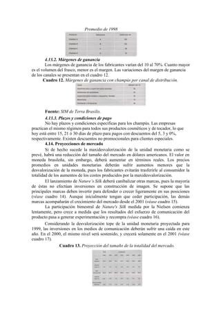 Promedio de 1998




        4.13.2. Márgenes de ganancia
        Los márgenes de ganancia de los fabricantes varían del 10 al 70%. Cuanto mayor
es el volumen del frasco, menor es el margen. Las variaciones del margen de ganancia
de los canales se presentan en el cuadro 12.
       Cuadro 12. Márgenes de ganancia con champús por canal de distribución.




        Fuente: SIM de Terra Brasilis.
        4.13.3. Plazos y condiciones de pago
        No hay plazos y condiciones específicas para los champús. Las empresas
practican el mismo régimen para todos sus productos cosméticos y de tocador, lo que
hoy está entre 15, 21 ó 30 días de plazo para pagos con descuentos del 5, 3 y 0%,
respectivamente. Existen descuentos no promocionales para clientes especiales.
        4.14. Proyecciones de mercado
        Si de hecho sucede la maxidesvalorización de la unidad monetaria como se
prevé, habrá una reducción del tamaño del mercado en dólares americanos. El valor en
moneda brasileña, sin embargo, deberá aumentar en términos reales. Los precios
promedios en unidades monetarias deberán sufrir aumentos menores que la
desvalorización de la moneda, pues los fabricantes evitarán trasferirle al consumidor la
totalidad de los aumentos de los costos producidos por la maxidesvalorización.
        El lanzamiento de Nature’s Silk deberá canibalizar otras marcas, pues la mayoría
de éstas no efectúan inversiones en construcción de imagen. Se supone que las
principales marcas deben invertir para defender o crecer ligeramente en sus posiciones
(véase cuadro 14). Aunque inicialmente tengan que ceder participación, las demás
marcas acompañarán el crecimiento del mercado desde el 2001 (véase cuadro 15).
        La participación bimestral de Nature's Silk medida por la Nielsen comienza
lentamente, pero crece a medida que los resultados del esfuerzo de comunicación del
producto pasa a generar experimentación y recompra (véase cuadro 16).
        Considerando la desvalorización tope de la unidad monetaria proyectada para
1999, las inversiones en los medios de comunicación deberán sufrir una caída en este
año. En el 2000, el mismo nivel será sostenido, y crecerá solamente en el 2001 (véase
cuadro 17).
                Cuadro 13. Proyección del tamaño de la totalidad del mercado.
 