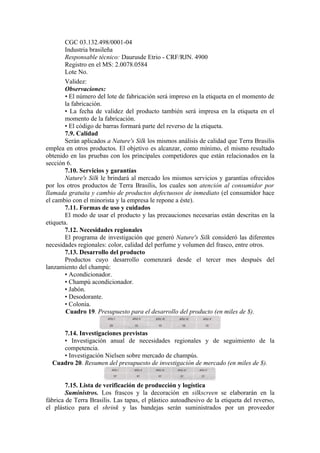 CGC 03.132.498/0001-04
        Industria brasileña
        Responsable técnico: Daurusde Etrio - CRF/RJN. 4900
        Registro en el MS: 2.0078.0584
        Lote No.
        Validez:
        Observaciones:
        • El número del lote de fabricación será impreso en la etiqueta en el momento de
        la fabricación.
        • La fecha de validez del producto también será impresa en la etiqueta en el
        momento de la fabricación.
        • El código de barras formará parte del reverso de la etiqueta.
        7.9. Calidad
        Serán aplicados a Nature's Silk los mismos análisis de calidad que Terra Brasilis
emplea en otros productos. El objetivo es alcanzar, como mínimo, el mismo resultado
obtenido en las pruebas con los principales competidores que están relacionados en la
sección 6.
        7.10. Servicios y garantías
        Nature's Silk le brindará al mercado los mismos servicios y garantías ofrecidos
por los otros productos de Terra Brasilis, los cuales son atención al consumidor por
llamada gratuita y cambio de productos defectuosos de inmediato (el consumidor hace
el cambio con el minorista y la empresa le repone a éste).
        7.11. Formas de uso y cuidados
        El modo de usar el producto y las precauciones necesarias están descritas en la
etiqueta.
        7.12. Necesidades regionales
        El programa de investigación que generó Nature's Silk consideró las diferentes
necesidades regionales: color, calidad del perfume y volumen del frasco, entre otros.
        7.13. Desarrollo del producto
        Productos cuyo desarrollo comenzará desde el tercer mes después del
lanzamiento del champú:
        • Acondicionador.
        • Champú acondicionador.
        • Jabón.
        • Desodorante.
        • Colonia.
        Cuadro 19. Presupuesto para el desarrollo del producto (en miles de $).


     7.14. Investigaciones previstas
     • Investigación anual de necesidades regionales y de seguimiento de la
     competencia.
     • Investigación Nielsen sobre mercado de champús.
  Cuadro 20. Resumen del presupuesto de investigación de mercado (en miles de $).


        7.15. Lista de verificación de producción y logística
        Suministros. Los frascos y la decoración en silkscreen se elaborarán en la
fábrica de Terra Brasilis. Las tapas, el plástico autoadhesivo de la etiqueta del reverso,
el plástico para el shrink y las bandejas serán suministrados por un proveedor
 