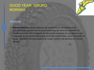 GOOD YEAR GRUPO
MORANA
Mercado
 Posicionamiento: Grupo Morana de Venezuela se caracteriza en la
actualidad por ser una de las pocas empresas de venta de neumáticos
donde se cuenta con la llegada de mercancía mensual, lo cual genera una
respuesta de forma inmediata por parte del consumidor, como compañía se
busca satisfacer las necesidades de mayor numero de persona en menos
tiempo.
 