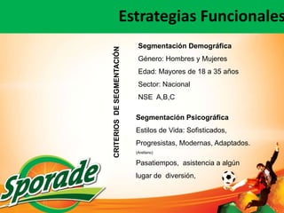 Estrategias Funcionales
                             Segmentación Demográfica




CRITERIOS DE SEGMENTACIÓN
                             Género: Hombres y Mujeres
                             Edad: Mayores de 18 a 35 años
                             Sector: Nacional
                             NSE A,B,C

                            Segmentación Psicográfica
                            Estilos de Vida: Sofisticados,
                            Progresistas, Modernas, Adaptados.
                            (Arellano)

                            Pasatiempos, asistencia a algún
                            lugar de diversión,
 