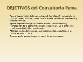 Apoyar la promoción de la competitividad, formalización y desarrollo de las micro y pequeñas empresas para la ampliación del mercado interno y externo de estas. Apoyar el proceso de promoción del empleo, inclusión social y formalización de la economía para el acceso progresivo al empleo en condiciones de dignidad y suficiencia. Alcanzar moderado liderazgo en el negocio de las consultorias a las mypes a mediano plazo. Obtener venta mensuales por concepto de asesoramiento. 