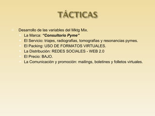 Desarrollo de las variables del Mktg Mix. La Marca:  “Consultorio Pyme”  El Servicio: triajes, radiografias, tomografias y resonancias pymes. El Packing: USO DE FORMATOS VIRTUALES. La Distribución: REDES SOCIALES - WEB 2.0 El Precio: BAJO. La Comunicación y promoción: mailings, boletines y folletos virtuales. 