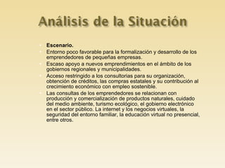 Escenario. Entorno poco favorable para la formalización y desarrollo de los emprendedores de pequeñas empresas. Escaso apoyo a nuevos emprendimientos en el ámbito de los gobiernos regionales y municipalidades. Acceso restringido a los consultorias para su organización, obtención de créditos, las compras estatales y su contribución al crecimiento económico con empleo sostenible. Las consultas de los emprendedores se relacionan con producción y comercialización de productos naturales, cuidado del medio ambiente, turismo ecológico, el gobierno electrónico en el sector público. La internet y los negocios virtuales, la seguridad del entorno familiar, la educación virtual no presencial, entre otros. 