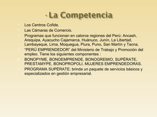 Los Centros Cofide. Las Cámaras de Comercio. Programas que funcionan en catorce regiones del Perú: Ancash, Arequipa, Ayacucho Cajamarca, Huánuco, Junín, La Libertad, Lambayeque, Lima, Moquegua, Piura, Puno, San Martín y Tacna.  “ PERÚ EMPRENDEDOR” del Ministerio de Trabajo y Promoción del empleo. Tiene los siguientes componentes : BONOPYME, BONOEMPRENDE, BONOGREMIO, SUPÉRATE,  PRESTAMYPE, BONOPROPOLI, MUJERES EMPRENDEDORAS. PROGRAMA SUPÉRATE: brinda un paquete de servicios básicos y especializados en gestión empresarial. 