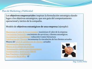 Plan de Marketing y Publicidad PREVISION DE VENTAS (Objetivos comerciales que deseamos obtener como resultados de este PLMK)     3.1- Volumen de ventas     3.2- Rentabilidad de ese volumen de ventas     3.3- Cuota de mercado a conseguir     3.4- Estacionalidad de la ventas (Comportamientos de las ventas en el transcurso del año)MARKETING MIX    4.1- Catalogo de productos, características de estos, marca, envases, referencias, etc. Política de aprovisionamiento   4.2.- Precios de productos y servicios, Márgenes brutos, Rcv, Fijación de precios, estrategias de precios    4.3.- Distribución: Horizontal, Vertical. Estrategias de distribución. Costes de distribución    4.4.- Comunicación comercial: Publicidad, Promociones de ventas, redes comerciales, políticas de ventas, RR.PP, internet, patrocinio, marketing directo, etc.