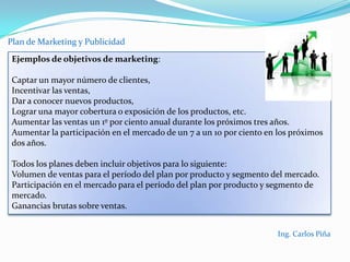 Plan de Marketing y PublicidadSISTEMAS DE CONTROL Y SEGUIMIENTO DEL PLMK      5.1.- Sistemas de Control      5.2.- Periodicidad      5.3.- Variables de seguimiento      5.4.- Seguimientos de resultados económicos y variables de satisfacción de clientesPRESUPUESTO A INVERTIR EN EL PLMKEl PLMK debemos recordar que se realiza por productos o líneas de productos (familias de productos dirigidos a un mismo tipo de cliente), y en este curso para un año vista, por lo que si queremos comercializar líneas diferentes deberemos realizar un PLMK especifico para cada línea diferente Ing. Carlos Piña