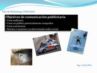 Plan de Marketing y PublicidadLos objetivos empresariales inspiran la formulación estratégica dando lugar a los objetivos estratégicos, que son guía del comportamiento operacional y táctico de la compañía.Modelo de objetivos estratégicos de una empresa (ejemplo):Maximizar el valor de los accionistas: maximizar el valor de la empresaCrecimiento Sostenido: crecimiento de servicios y clientes estratégicos.Incrementar la rentabilidad: reducción Costes EstructuraFidelizacion de Clientes: incrementar la vinculación de los clientes actualesMejora del nivel de satisfacción de clientes actualesOptimización plazos entregaMejora en la calidad de procesosOptimización cadena aprovisionamientoIncentivación y motivación RRHHBestPractices y HabilidadesRenovación BackOffice  ITIng. Carlos Piña