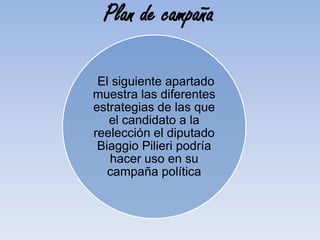 Plan de campaña
El siguiente apartado
muestra las diferentes
estrategias de las que
el candidato a la
reelección el diputado
Biaggio Pilieri podría
hacer uso en su
campaña política
 