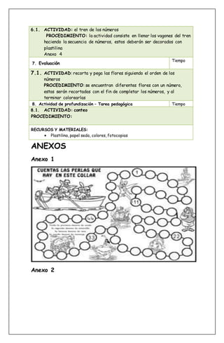 6.1. ACTIVIDAD: el tren de los números
PROCEDIMIENTO: la actividad consiste en llenar los vagones del tren
haciendo la secuencia de números, estos deberán ser decorados con
plastilina
Anexo 4
7. Evaluación
Tiempo
7.1. ACTIVIDAD: recorta y pega las flores siguiendo el orden de los
números
PROCEDIMIENTO: se encuentran diferentes flores con un número,
estas serán recortadas con el fin de completar los números, y al
terminar colorearlas
8. Actividad de profundización – Tarea pedagógica Tiempo
8.1. ACTIVIDAD: conteo
PROCEDIMIENTO:
RECURSOS Y MATERIALES:
 Plastilina, papel seda, colores, fotocopias
ANEXOS
Anexo 1
Anexo 2
 