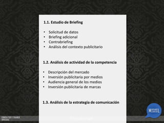 1.1. Estudio de Briefing
•
•
•
•

Solicitud de datos
Briefing adicional
Contrabriefing
Análisis del contexto publicitario

1.2. Análisis de actividad de la competencia
•
•
•
•

Descripción del mercado
Inversión publicitaria por medios
Audiencia general de los medios
Inversión publicitaria de marcas

1.3. Análisis de la estrategia de comunicación

 