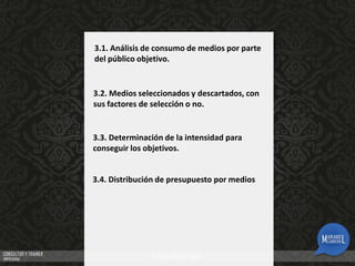 3.1. Análisis de consumo de medios por parte
del público objetivo.

3.2. Medios seleccionados y descartados, con
sus factores de selección o no.

3.3. Determinación de la intensidad para
conseguir los objetivos.

3.4. Distribución de presupuesto por medios

 