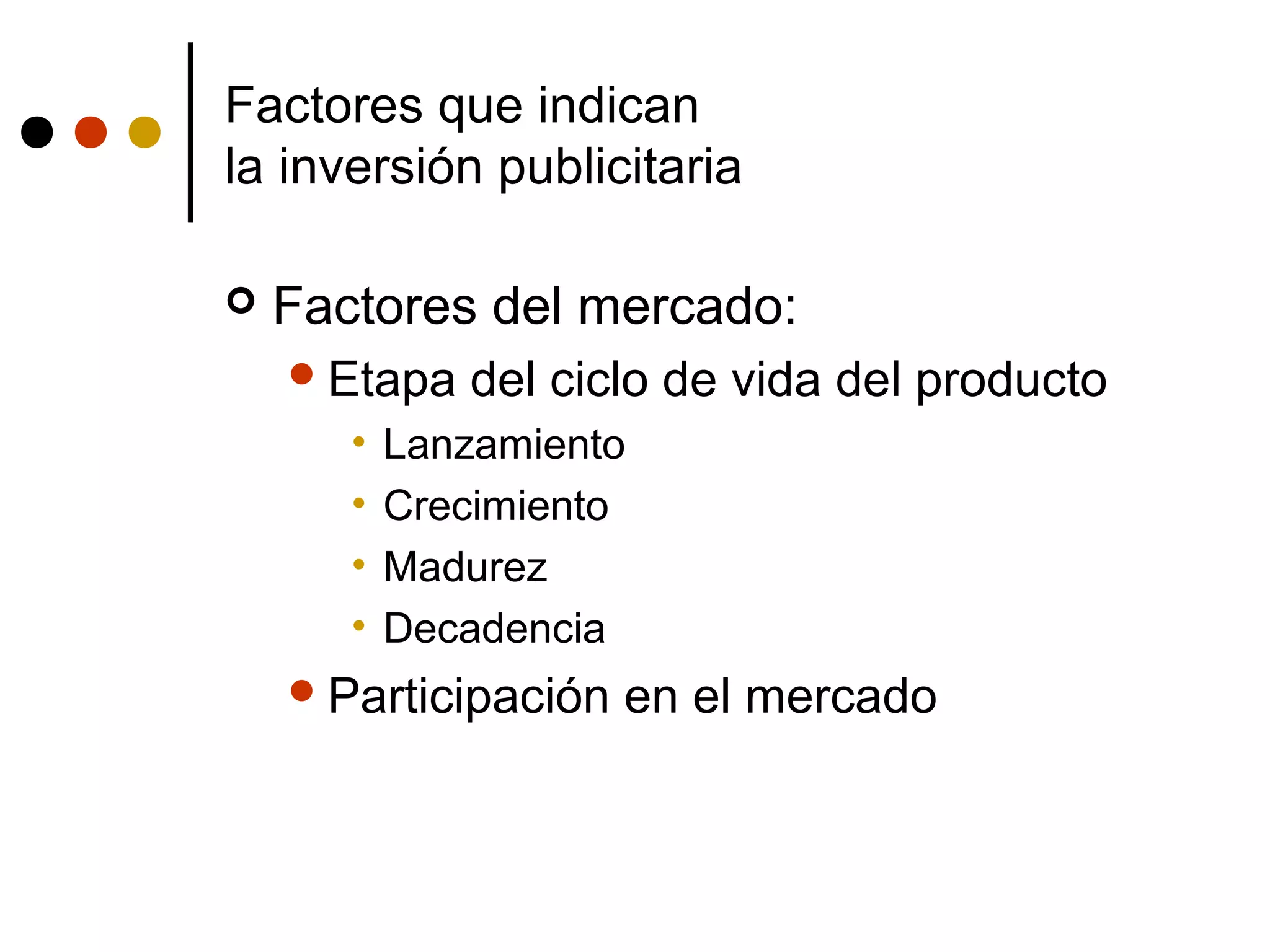 Factores que indican
la inversión publicitaria

   Factores del mercado:
     Etapa   del ciclo de vida del producto
       •   Lanzamiento
       •   Crecimiento
       •   Madurez
       •   Decadencia
     Participación   en el mercado
 