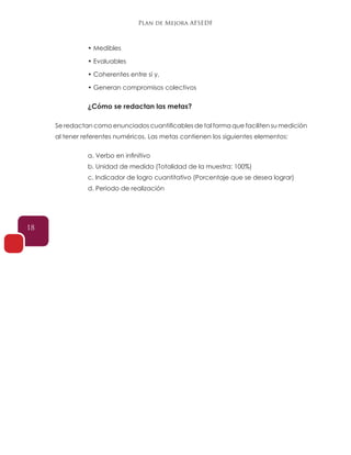 Plan de Mejora AFSEDF
18
• Medibles
• Evaluables
• Coherentes entre sí y,
• Generan compromisos colectivos
¿Cómo se redactan las metas?
Se redactan como enunciados cuantificables de tal forma que faciliten su medición
al tener referentes numéricos. Las metas contienen los siguientes elementos:
a. Verbo en infinitivo
b. Unidad de medida (Totalidad de la muestra: 100%)
c. Indicador de logro cuantitativo (Porcentaje que se desea lograr)
d. Periodo de realización
 