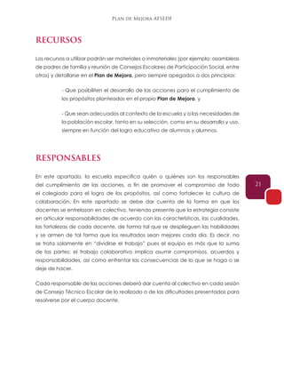 Plan de Mejora AFSEDF
21
RECURSOS
Los recursos a utilizar podrán ser materiales o inmateriales (por ejemplo: asambleas
de padres de familia y reunión de Consejos Escolares de Participación Social, entre
otros) y detallarse en el Plan de Mejora, pero siempre apegados a dos principios:
- Que posibiliten el desarrollo de las acciones para el cumplimiento de
los propósitos planteados en el propio Plan de Mejora, y
- Que sean adecuados al contexto de la escuela y a las necesidades de
la población escolar, tanto en su selección, como en su desarrollo y uso,
siempre en función del logro educativo de alumnas y alumnos.
RESPONSABLES
En este apartado, la escuela especifica quién o quiénes son los responsables
del cumplimiento de las acciones, a fin de promover el compromiso de todo
el colegiado para el logro de los propósitos, así como fortalecer la cultura de
colaboración. En este apartado se debe dar cuenta de la forma en que los
docentes se entrelazan en colectivo, teniendo presente que la estrategia consiste
en articular responsabilidades de acuerdo con las características, las cualidades,
las fortalezas de cada docente, de forma tal que se desplieguen las habilidades
y se armen de tal forma que los resultados sean mejores cada día. Es decir, no
se trata solamente en “dividirse el trabajo” pues el equipo es más que la suma
de las partes; el trabajo colaborativo implica asumir compromisos, acuerdos y
responsabilidades, así como enfrentar las consecuencias de lo que se haga o se
deje de hacer.
Cada responsable de las acciones deberá dar cuenta al colectivo en cada sesión
de Consejo Técnico Escolar de lo realizado o de las dificultades presentadas para
resolverse por el cuerpo docente.
 