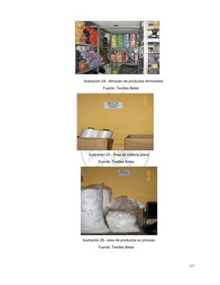 147
Ilustración 25.- Área de materia prima
Fuente: Textiles Betex
Ilustración 26.- área de productos en proceso
Fuente: Textiles Betex
Ilustración 24.- Almacén de productos terminados
Fuente: Textiles Betex
 