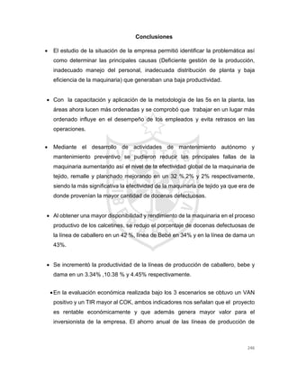 246
Conclusiones
 El estudio de la situación de la empresa permitió identificar la problemática así
como determinar las principales causas (Deficiente gestión de la producción,
inadecuado manejo del personal, inadecuada distribución de planta y baja
eficiencia de la maquinaria) que generaban una baja productividad.
 Con la capacitación y aplicación de la metodología de las 5s en la planta, las
áreas ahora lucen más ordenadas y se comprobó que trabajar en un lugar más
ordenado influye en el desempeño de los empleados y evita retrasos en las
operaciones.
 Mediante el desarrollo de actividades de mantenimiento autónomo y
mantenimiento preventivo se pudieron reducir las principales fallas de la
maquinaria aumentando así el nivel de la efectividad global de la maquinaria de
tejido, remalle y planchado mejorando en un 32 %,2% y 2% respectivamente,
siendo la más significativa la efectividad de la maquinaria de tejido ya que era de
donde provenían la mayor cantidad de docenas defectuosas.
 Al obtener una mayor disponibilidad y rendimiento de la maquinaria en el proceso
productivo de los calcetines, se redujo el porcentaje de docenas defectuosas de
la línea de caballero en un 42 %, línea de Bebé en 34% y en la línea de dama un
43%.
 Se incrementó la productividad de la líneas de producción de caballero, bebe y
dama en un 3.34% ,10.38 % y 4.45% respectivamente.
En la evaluación económica realizada bajo los 3 escenarios se obtuvo un VAN
positivo y un TIR mayor al COK, ambos indicadores nos señalan que el proyecto
es rentable económicamente y que además genera mayor valor para el
inversionista de la empresa. El ahorro anual de las líneas de producción de
 