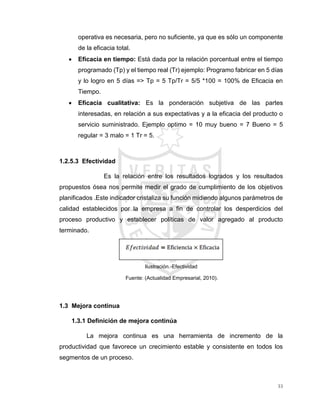 33
operativa es necesaria, pero no suficiente, ya que es sólo un componente
de la eficacia total.
 Eficacia en tiempo: Está dada por la relación porcentual entre el tiempo
programado (Tp) y el tiempo real (Tr) ejemplo: Programo fabricar en 5 días
y lo logro en 5 días => Tp = 5 Tp/Tr = 5/5 *100 = 100% de Eficacia en
Tiempo.
 Eficacia cualitativa: Es la ponderación subjetiva de las partes
interesadas, en relación a sus expectativas y a la eficacia del producto o
servicio suministrado. Ejemplo optimo = 10 muy bueno = 7 Bueno = 5
regular = 3 malo = 1 Tr = 5.
1.2.5.3 Efectividad
Es la relación entre los resultados logrados y los resultados
propuestos ósea nos permite medir el grado de cumplimiento de los objetivos
planificados .Este indicador cristaliza su función midiendo algunos parámetros de
calidad establecidos por la empresa a fin de controlar los desperdicios del
proceso productivo y establecer políticas de valor agregado al producto
terminado.
Ilustración.-Efectividad
Fuente: (Actualidad Empresarial, 2010).
1.3 Mejora continua
1.3.1 Definición de mejora continúa
La mejora continua es una herramienta de incremento de la
productividad que favorece un crecimiento estable y consistente en todos los
segmentos de un proceso.
 