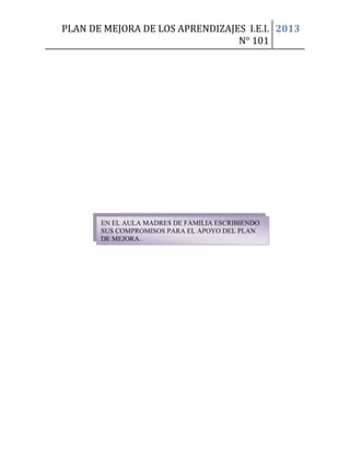 PLAN DE MEJORA DE LOS APRENDIZAJES I.E.I.
N° 101
2013
EN EL AULA MADRES DE FAMILIA ESCRIBIENDO
SUS COMPROMISOS PARA EL APOYO DEL PLAN
DE MEJORA.
 
