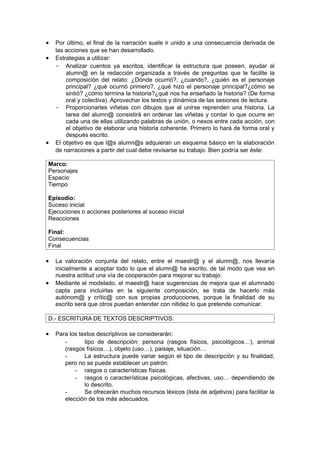 •   Por último, el final de la narración suele ir unido a una consecuencia derivada de
    las acciones que se han desarrollado.
•   Estrategias a utilizar:
     - Analizar cuentos ya escritos, identificar la estructura que poseen, ayudar al
        alumn@ en la redacción organizada a través de preguntas que le facilite la
        composición del relato: ¿Dónde ocurrió?, ¿cuando?, ¿quién es el personaje
        principal? ¿qué ocurrió primero?, ¿qué hizo el personaje principal?¿cómo se
        sintió? ¿cómo termina la historia?¿qué nos ha enseñado la historia? (De forma
        oral y colectiva). Aprovechar los textos y dinámica de las sesiones de lectura.
     - Proporcionarles viñetas con dibujos que al unirse reprenden una historia. La
        tarea del alumn@ consistirá en ordenar las viñetas y contar lo que ocurre en
        cada una de ellas utilizando palabras de unión, o nexos entre cada acción, con
        el objetivo de elaborar una historia coherente. Primero lo hará de forma oral y
        después escrito.
•   El objetivo es que l@s alumn@s adquieran un esquema básico en la elaboración
    de narraciones a partir del cual debe revisarse su trabajo. Bien podría ser éste:

Marco:
Personajes
Espacio
Tiempo

Episodio:
Suceso inicial
Ejecuciones o acciones posteriores al suceso inicial
Reacciones

Final:
Consecuencias
Final

•   La valoración conjunta del relato, entre el maestr@ y el alumn@, nos llevaría
    inicialmente a aceptar todo lo que el alumn@ ha escrito, de tal modo que vea en
    nuestra actitud una vía de cooperación para mejorar su trabajo.
•   Mediante el modelado, el maestr@ hace sugerencias de mejora que el alumnado
    capta para incluirlas en la siguiente composición, se trata de hacerlo más
    autónom@ y crític@ con sus propias producciones, porque la finalidad de su
    escrito será que otros puedan entender con nitidez lo que pretende comunicar.

D.- ESCRITURA DE TEXTOS DESCRIPTIVOS:

•   Para los textos descriptivos se considerarán:
       -       tipo de descripción: persona (rasgos físicos, psicológicos…), animal
       (rasgos físicos…), objeto (uso…), paisaje, situación…
       -       La estructura puede variar según el tipo de descripción y su finalidad,
       pero no se puede establecer un patrón:
           - rasgos o características físicas.
           - rasgos o características psicológicas, afectivas, uso… dependiendo de
               lo descrito.
       -       Se ofrecerán muchos recursos léxicos (lista de adjetivos) para facilitar la
       elección de los más adecuados.
 