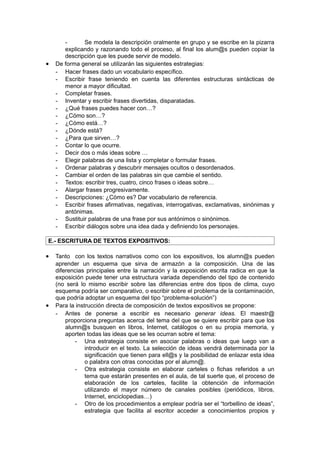 -      Se modela la descripción oralmente en grupo y se escribe en la pizarra
       explicando y razonando todo el proceso, al final los alum@s pueden copiar la
       descripción que les puede servir de modelo.
•   De forma general se utilizarán las siguientes estrategias:
    - Hacer frases dado un vocabulario específico.
    - Escribir frase teniendo en cuenta las diferentes estructuras sintácticas de
       menor a mayor dificultad.
    - Completar frases.
    - Inventar y escribir frases divertidas, disparatadas.
    - ¿Qué frases puedes hacer con…?
    - ¿Cómo son…?
    - ¿Cómo está…?
    - ¿Dónde está?
    - ¿Para que sirven…?
    - Contar lo que ocurre.
    - Decir dos o más ideas sobre …
    - Elegir palabras de una lista y completar o formular frases.
    - Ordenar palabras y descubrir mensajes ocultos o desordenados.
    - Cambiar el orden de las palabras sin que cambie el sentido.
    - Textos: escribir tres, cuatro, cinco frases o ideas sobre…
    - Alargar frases progresivamente.
    - Descripciones: ¿Cómo es? Dar vocabulario de referencia.
    - Escribir frases afirmativas, negativas, interrogativas, exclamativas, sinónimas y
       antónimas.
    - Sustituir palabras de una frase por sus antónimos o sinónimos.
    - Escribir diálogos sobre una idea dada y definiendo los personajes.

E.- ESCRITURA DE TEXTOS EXPOSITIVOS:

•   Tanto con los textos narrativos como con los expositivos, los alumn@s pueden
    aprender un esquema que sirva de armazón a la composición. Una de las
    diferencias principales entre la narración y la exposición escrita radica en que la
    exposición puede tener una estructura variada dependiendo del tipo de contenido
    (no será lo mismo escribir sobre las diferencias entre dos tipos de clima, cuyo
    esquema podría ser comparativo, o escribir sobre el problema de la contaminación,
    que podría adoptar un esquema del tipo “problema-solución”)
•   Para la instrucción directa de composición de textos expositivos se propone:
    - Antes de ponerse a escribir es necesario generar ideas. El maestr@
        proporciona preguntas acerca del tema del que se quiere escribir para que los
        alumn@s busquen en libros, Internet, catálogos o en su propia memoria, y
        aporten todas las ideas que se les ocurran sobre el tema:
           - Una estrategia consiste en asociar palabras o ideas que luego van a
                introducir en el texto. La selección de ideas vendrá determinada por la
                significación que tienen para ell@s y la posibilidad de enlazar esta idea
                o palabra con otras conocidas por el alumn@.
           - Otra estrategia consiste en elaborar carteles o fichas referidos a un
                tema que estarán presentes en el aula, de tal suerte que, el proceso de
                elaboración de los carteles, facilite la obtención de información
                utilizando el mayor número de canales posibles (periódicos, libros,
                Internet, enciclopedias…)
           - Otro de los procedimientos a emplear podría ser el “torbellino de ideas”,
                estrategia que facilita al escritor acceder a conocimientos propios y
 