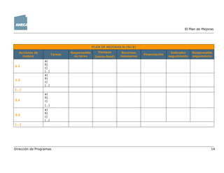 El Plan de Mejoras
Dirección de Programas 14
PLAN DE MEJORAS N-(N+X)
Acciones de
mejora
Tareas
Responsable
de tarea
Tiempos
(inicio-final)
Recursos
necesarios
Financiación
Indicador
seguimiento
Responsable
seguimiento
1.1
a)
b)
c)
(…)
1.2
a)
b)
c)
(…)
(…)
2.1
a)
b)
c)
(…)
2.2
a)
b)
c)
(…)
(…)
 