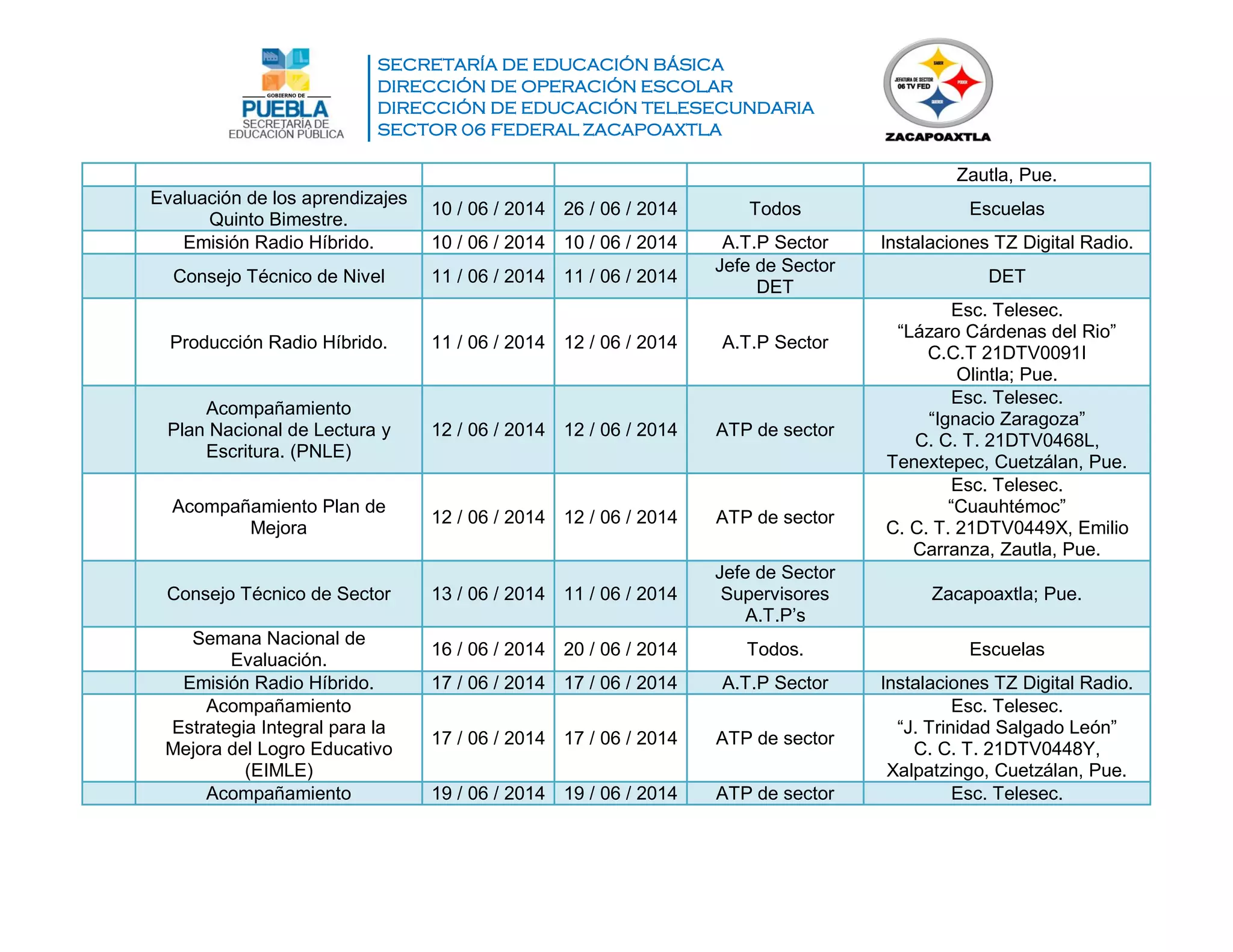 SECRETARÍA DE EDUCACIÓN BÁSICA
DIRECCIÓN DE OPERACIÓN ESCOLAR
DIRECCIÓN DE EDUCACIÓN TELESECUNDARIA
SECTOR 06 FEDERAL ZACAPOAXTLA
Zautla, Pue.
Evaluación de los aprendizajes
Quinto Bimestre.
10 / 06 / 2014 26 / 06 / 2014 Todos Escuelas
Emisión Radio Híbrido. 10 / 06 / 2014 10 / 06 / 2014 A.T.P Sector Instalaciones TZ Digital Radio.
Consejo Técnico de Nivel 11 / 06 / 2014 11 / 06 / 2014
Jefe de Sector
DET
DET
Producción Radio Híbrido. 11 / 06 / 2014 12 / 06 / 2014 A.T.P Sector
Esc. Telesec.
“Lázaro Cárdenas del Rio”
C.C.T 21DTV0091I
Olintla; Pue.
Acompañamiento
Plan Nacional de Lectura y
Escritura. (PNLE)
12 / 06 / 2014 12 / 06 / 2014 ATP de sector
Esc. Telesec.
“Ignacio Zaragoza”
C. C. T. 21DTV0468L,
Tenextepec, Cuetzálan, Pue.
Acompañamiento Plan de
Mejora
12 / 06 / 2014 12 / 06 / 2014 ATP de sector
Esc. Telesec.
“Cuauhtémoc”
C. C. T. 21DTV0449X, Emilio
Carranza, Zautla, Pue.
Consejo Técnico de Sector 13 / 06 / 2014 11 / 06 / 2014
Jefe de Sector
Supervisores
A.T.P’s
Zacapoaxtla; Pue.
Semana Nacional de
Evaluación.
16 / 06 / 2014 20 / 06 / 2014 Todos. Escuelas
Emisión Radio Híbrido. 17 / 06 / 2014 17 / 06 / 2014 A.T.P Sector Instalaciones TZ Digital Radio.
Acompañamiento
Estrategia Integral para la
Mejora del Logro Educativo
(EIMLE)
17 / 06 / 2014 17 / 06 / 2014 ATP de sector
Esc. Telesec.
“J. Trinidad Salgado León”
C. C. T. 21DTV0448Y,
Xalpatzingo, Cuetzálan, Pue.
Acompañamiento 19 / 06 / 2014 19 / 06 / 2014 ATP de sector Esc. Telesec.
 