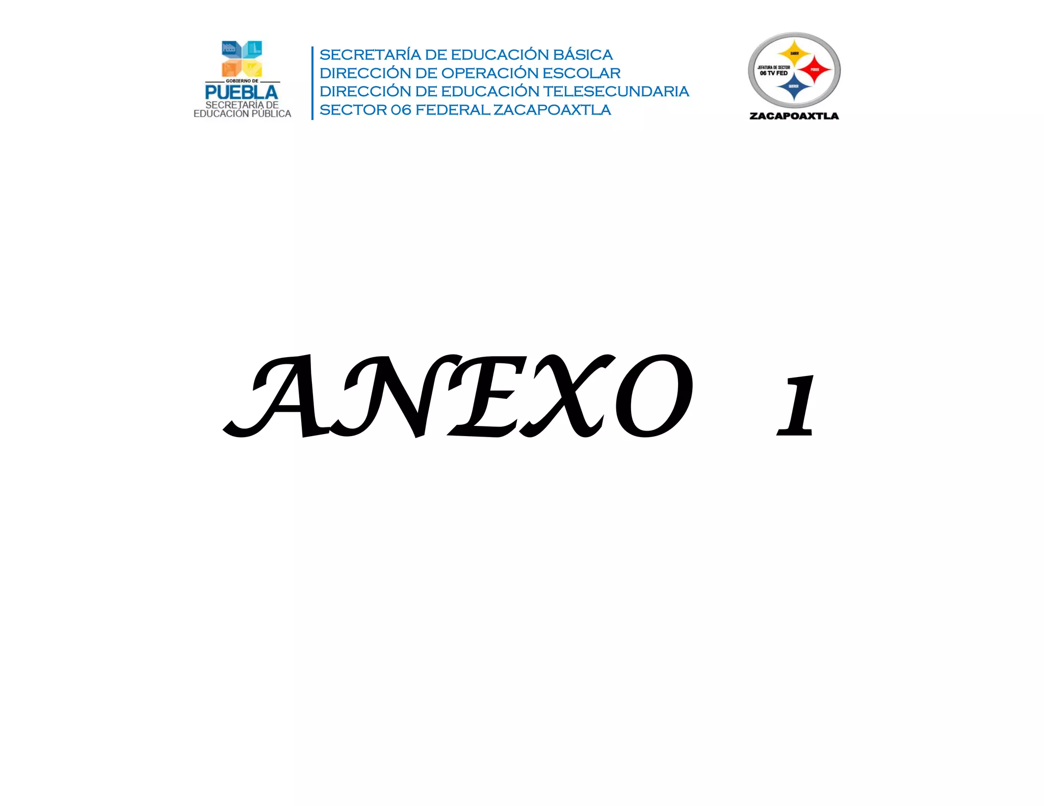 SECRETARÍA DE EDUCACIÓN BÁSICA
DIRECCIÓN DE OPERACIÓN ESCOLAR
DIRECCIÓN DE EDUCACIÓN TELESECUNDARIA
SECTOR 06 FEDERAL ZACAPOAXTLA
ANEXO 1
 