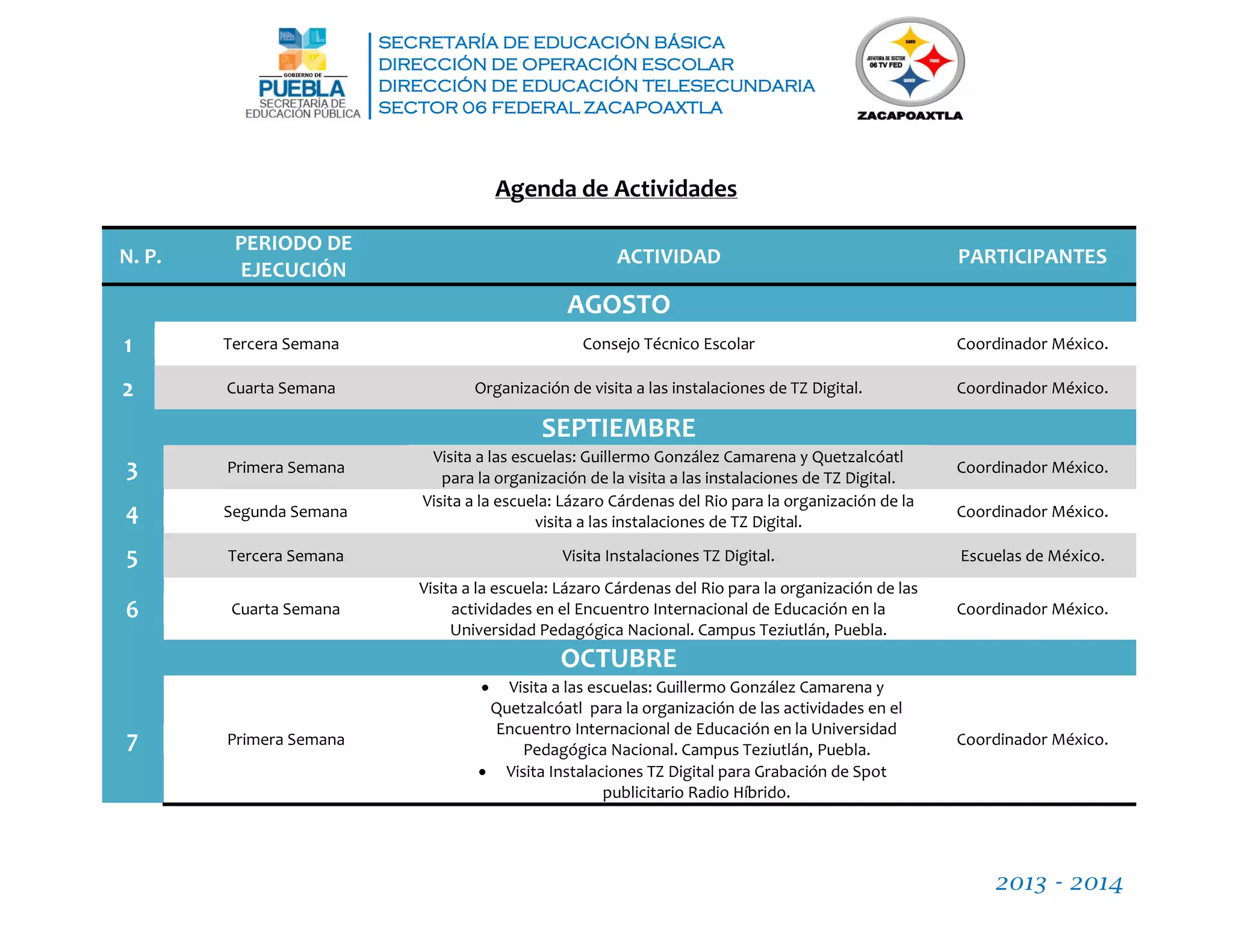 SECRETARÍA DE EDUCACIÓN BÁSICA
DIRECCIÓN DE OPERACIÓN ESCOLAR
DIRECCIÓN DE EDUCACIÓN TELESECUNDARIA
SECTOR 06 FEDERAL ZACAPOAXTLA
2013 - 2014
Agenda de Actividades
N. P.
PERIODO DE
EJECUCIÓN
ACTIVIDAD PARTICIPANTES
AGOSTO
1 Tercera Semana Consejo Técnico Escolar Coordinador México.
2 Cuarta Semana Organización de visita a las instalaciones de TZ Digital. Coordinador México.
SEPTIEMBRE
3 Primera Semana
Visita a las escuelas: Guillermo González Camarena y Quetzalcóatl
para la organización de la visita a las instalaciones de TZ Digital.
Coordinador México.
4 Segunda Semana
Visita a la escuela: Lázaro Cárdenas del Rio para la organización de la
visita a las instalaciones de TZ Digital.
Coordinador México.
5 Tercera Semana Visita Instalaciones TZ Digital. Escuelas de México.
6 Cuarta Semana
Visita a la escuela: Lázaro Cárdenas del Rio para la organización de las
actividades en el Encuentro Internacional de Educación en la
Universidad Pedagógica Nacional. Campus Teziutlán, Puebla.
Coordinador México.
OCTUBRE
7 Primera Semana
 Visita a las escuelas: Guillermo González Camarena y
Quetzalcóatl para la organización de las actividades en el
Encuentro Internacional de Educación en la Universidad
Pedagógica Nacional. Campus Teziutlán, Puebla.
 Visita Instalaciones TZ Digital para Grabación de Spot
publicitario Radio Híbrido.
Coordinador México.
 
