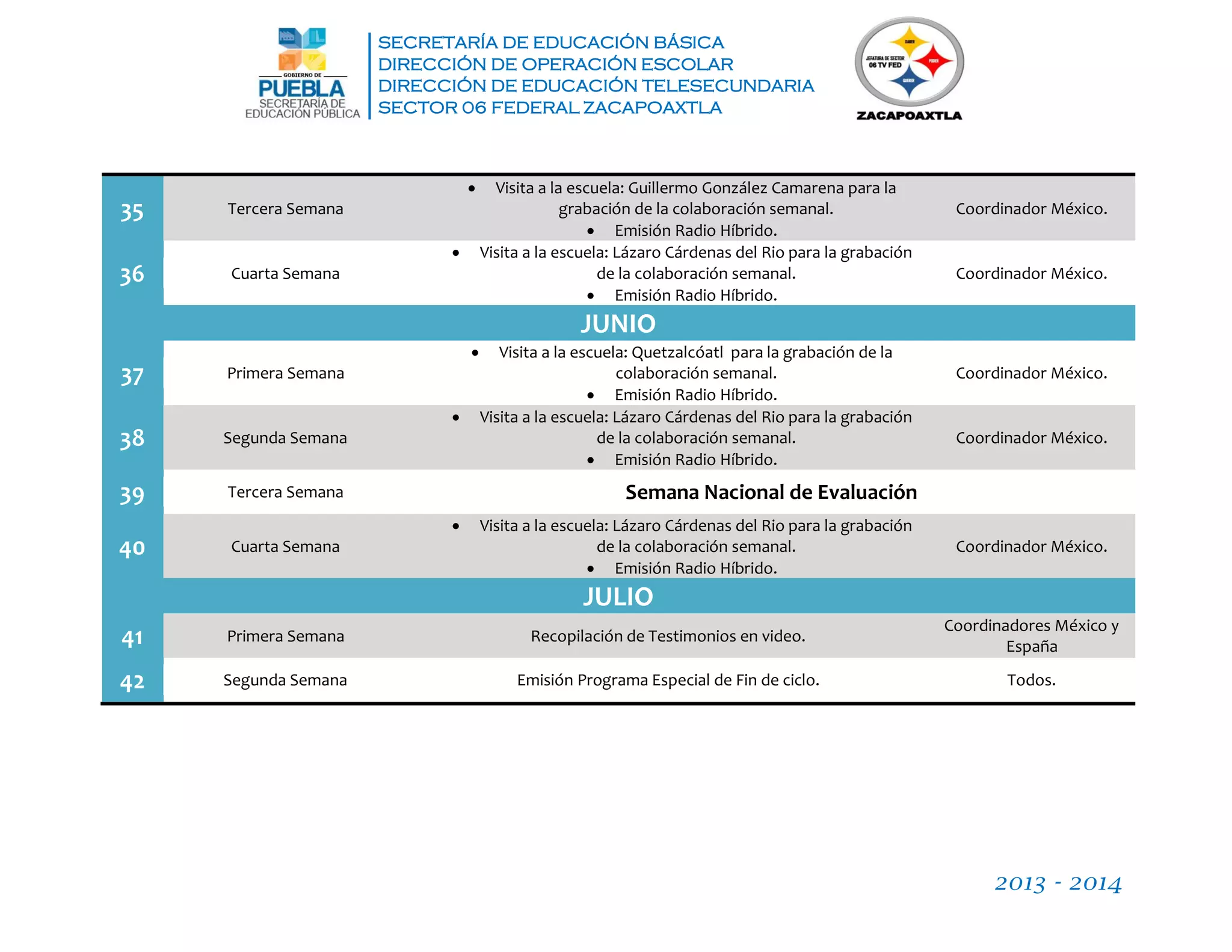 SECRETARÍA DE EDUCACIÓN BÁSICA
DIRECCIÓN DE OPERACIÓN ESCOLAR
DIRECCIÓN DE EDUCACIÓN TELESECUNDARIA
SECTOR 06 FEDERAL ZACAPOAXTLA
2013 - 2014
35 Tercera Semana
 Visita a la escuela: Guillermo González Camarena para la
grabación de la colaboración semanal.
 Emisión Radio Híbrido.
Coordinador México.
36 Cuarta Semana
 Visita a la escuela: Lázaro Cárdenas del Rio para la grabación
de la colaboración semanal.
 Emisión Radio Híbrido.
Coordinador México.
JUNIO
37 Primera Semana
 Visita a la escuela: Quetzalcóatl para la grabación de la
colaboración semanal.
 Emisión Radio Híbrido.
Coordinador México.
38 Segunda Semana
 Visita a la escuela: Lázaro Cárdenas del Rio para la grabación
de la colaboración semanal.
 Emisión Radio Híbrido.
Coordinador México.
39 Tercera Semana Semana Nacional de Evaluación
40 Cuarta Semana
 Visita a la escuela: Lázaro Cárdenas del Rio para la grabación
de la colaboración semanal.
 Emisión Radio Híbrido.
Coordinador México.
JULIO
41 Primera Semana Recopilación de Testimonios en video.
Coordinadores México y
España
42 Segunda Semana Emisión Programa Especial de Fin de ciclo. Todos.
 