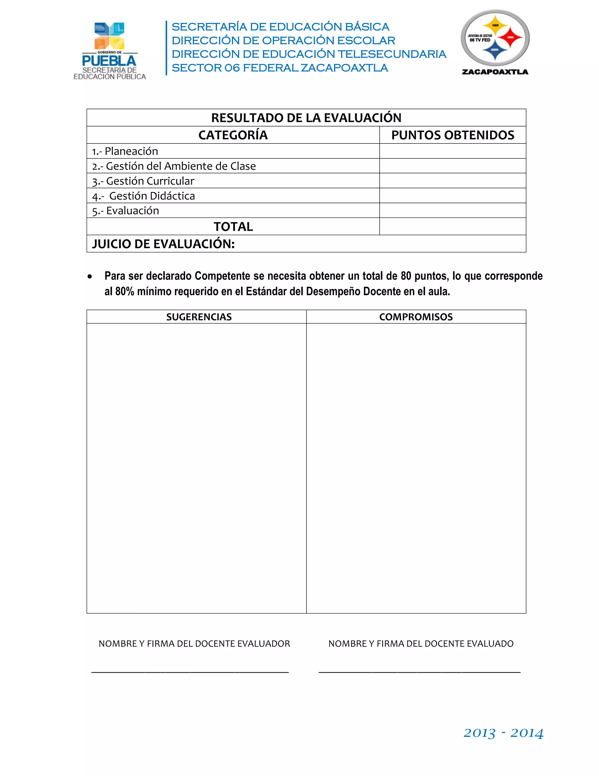 SECRETARÍA DE EDUCACIÓN BÁSICA
DIRECCIÓN DE OPERACIÓN ESCOLAR
DIRECCIÓN DE EDUCACIÓN TELESECUNDARIA
SECTOR 06 FEDERAL ZACAPOAXTLA
2013 - 2014
RESULTADO DE LA EVALUACIÓN
CATEGORÍA PUNTOS OBTENIDOS
1.- Planeación
2.- Gestión del Ambiente de Clase
3.- Gestión Curricular
4.- Gestión Didáctica
5.- Evaluación
TOTAL
JUICIO DE EVALUACIÓN:
 Para ser declarado Competente se necesita obtener un total de 80 puntos, lo que corresponde
al 80% mínimo requerido en el Estándar del Desempeño Docente en el aula.
SUGERENCIAS COMPROMISOS
NOMBRE Y FIRMA DEL DOCENTE EVALUADOR NOMBRE Y FIRMA DEL DOCENTE EVALUADO
________________________________________ _________________________________________
 