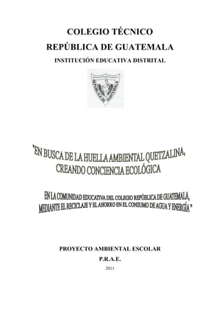 COLEGIO TÉCNICO
REPÚBLICA DE GUATEMALA
 INSTITUCIÓN EDUCATIVA DISTRITAL




  PROYECTO AMBIENTAL ESCOLAR
             P.R.A.E.
               2011
 