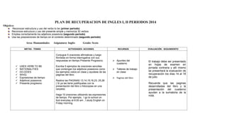 PLAN DE RECUPERACION DE INGLES I, II PERIODOS 2014
Objetivo:
Reconocer estructura y uso del verbo to be (primer periodo)
Reconoce estructura y uso del presente simple y memoriza 30 verbos
Emplea correctamente los adjetivos posesivos (segundo periodo)
Usa las preposiciones de tiempo en el contexto determinado (segundo periodo)
Area: Humanidades Asignatura: Inglés Grado: Sexto
METAS - TEMAS ACTIVIDADES- ACCIONES RECURSOS EVALUACIÓN - SEGUIMIENTO
 USES VERB TO BE
 NATIONALITIES
 DO-DOES
 WH/Q
 Expresiones de tiempo
 Adjetivos posesivos
 Presente progresivo
Conjugue 5 oraciones afirmativas y luego
fórmelas en forma interrogativa con sus
respuestas en tiempo Presente Progresivo.
Escriba 5 ejemplos de oraciones sencillas
que contengan los adjetivos posesivos como
los ejemplos vistos en clase y ayudese de las
paginas del libro.
Realice las PAGINAS 13,14,15,16,23, 25,26
( Si ya las tiene justifíquelas con la
presentación del libro o fotocopias en una
carpeta)
Haga 10 oraciones utilizando las expresiones
de tiempo. Por ejemplo, I go to school on
foot everyday at 6:00 am , I study English on
Friday morning.
 Apuntes del
cuaderno
 Talleres de trabajo
en clase
 Paginas del libro
El trabajo debe ser presentado
en hojas de examen en
jornada contraria y allí mismo
se presentará la evaluación de
recuperación los días 14 al 18
de julio.
Recuerde que las paginas
desarrolladas del libro y la
presentación del cuaderno
ayudan a la sumatoria de la
nota.
 