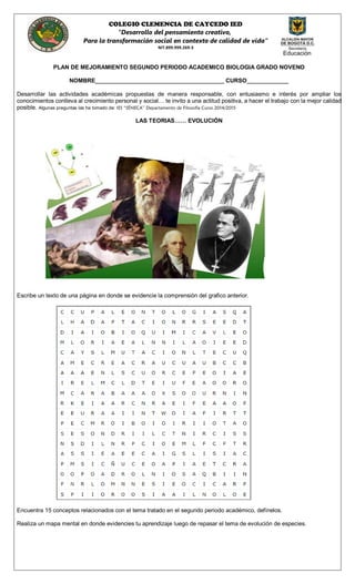 COLEGIO CLEMENCIA DE CAYCEDO IED
“Desarrollo del pensamiento creativo,
Para la transformación social en contexto de calidad de vida”
NIT.899.999.269-3
PLAN DE MEJORAMIENTO SEGUNDO PERIODO ACADEMICO BIOLOGIA GRADO NOVENO
NOMBRE________________________________________ CURSO_____________
Desarrollar las actividades académicas propuestas de manera responsable, con entusiasmo e interés por ampliar los
conocimientos conlleva al crecimiento personal y social… te invito a una actitud positiva, a hacer el trabajo con la mejor calidad
posible. Algunas preguntas las he tomado de: IES “SÉNECA” Departamento de Filosofía Curso 2014/2015
LAS TEORIAS…… EVOLUCIÒN
Escribe un texto de una página en donde se evidencie la comprensión del grafico anterior.
Encuentra 15 conceptos relacionados con el tema tratado en el segundo periodo académico, defínelos.
Realiza un mapa mental en donde evidencies tu aprendizaje luego de repasar el tema de evolución de especies.
 