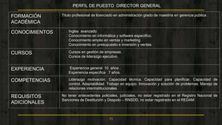 13
PERFIL DE PUESTO DIRECTOR GENERAL
FORMACIÓN
ACADÉMICA
Titulo profesional de licenciado en administración grado de maestría en gerencia publica .
CONOCIMIENTOS • Ingles avanzado
• Conocimiento en informática y software especifico.
• Conocimiento amplio en ventas y marketing.
• Conocimiento en presupuesto e inversión y ventas.
CURSOS • Cursos en gestión de empresas.
• Cursos de liderazgo ejecutivo.
EXPERIENCIA • Experiencia general 10 años .
• Experiencia especifica 7 años.
COMPETENCIAS • Liderazgo motivación. Capacidad técnica. Capacidad para planificar. Capacidad de
control. Adaptabilidad. Trabajo en equipo. Innovación y solución de problemas. Manejo de
relaciones interinstitucionales
REQUISITOS
ADICIONALES
No tener antecedentes policiales, judiciales, no estar registrado en el Registro Nacional de
Sanciones de Destitución y Despido – RNSDD, no estar registrado en el REDAM
 